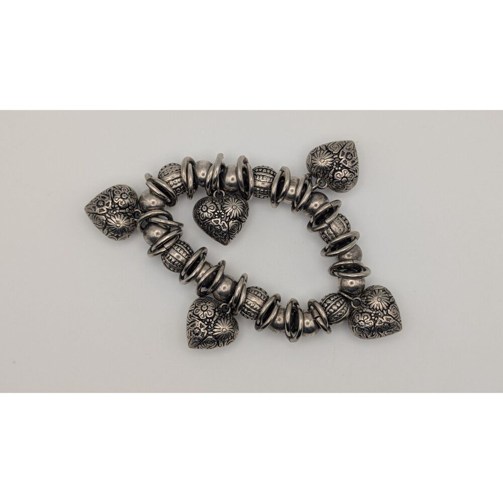 Vintage Silver Tone Charm Bracelet Floral Heart Beads Boho Gypsy Style